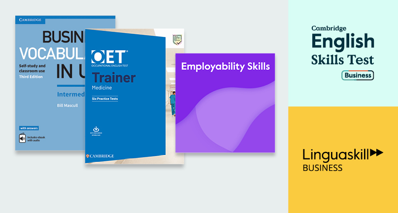 Books on business vocabulary and English testing.